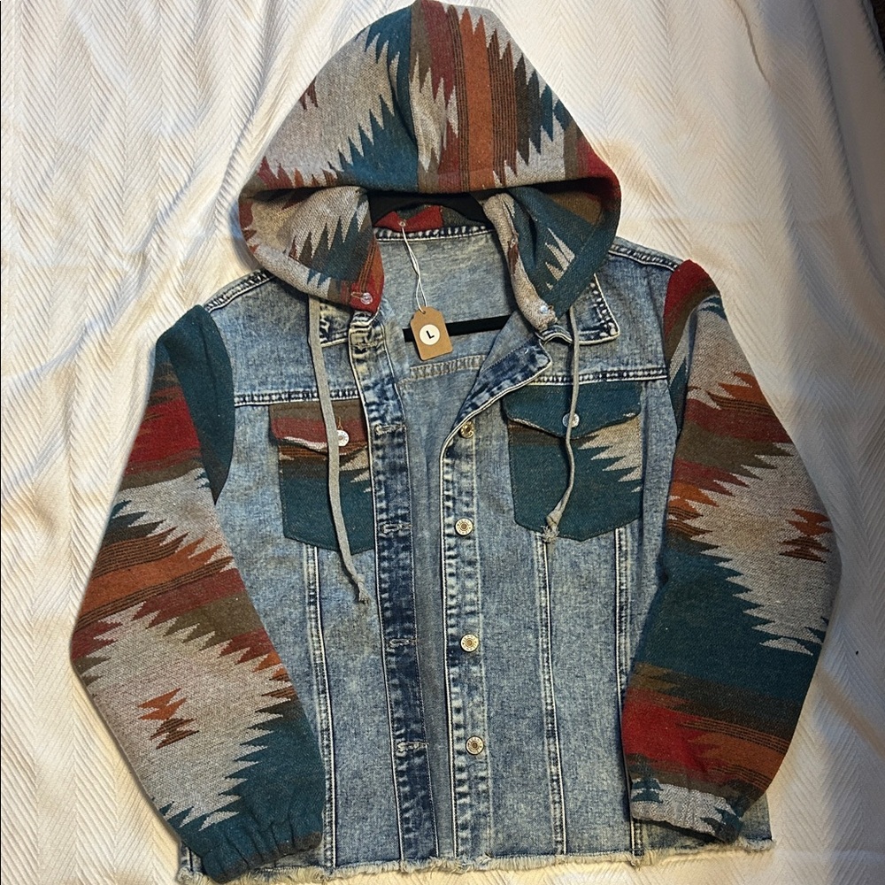 Denim Jacket with Hood and Patterned Sleeves